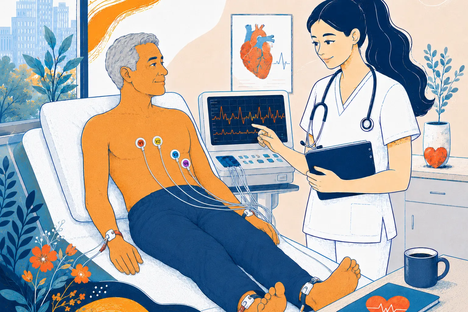 A nurse reviewing an ECG on a patient with atrial fibrillation