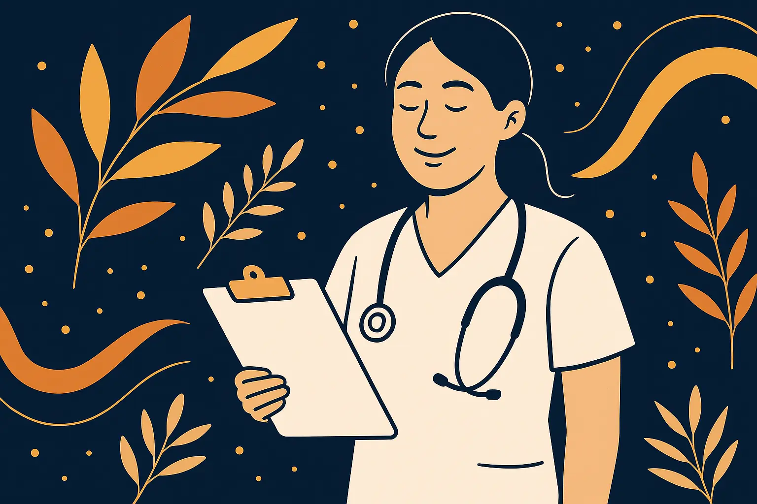 a cartoon nurse with her eyes closed, holding a clipboard