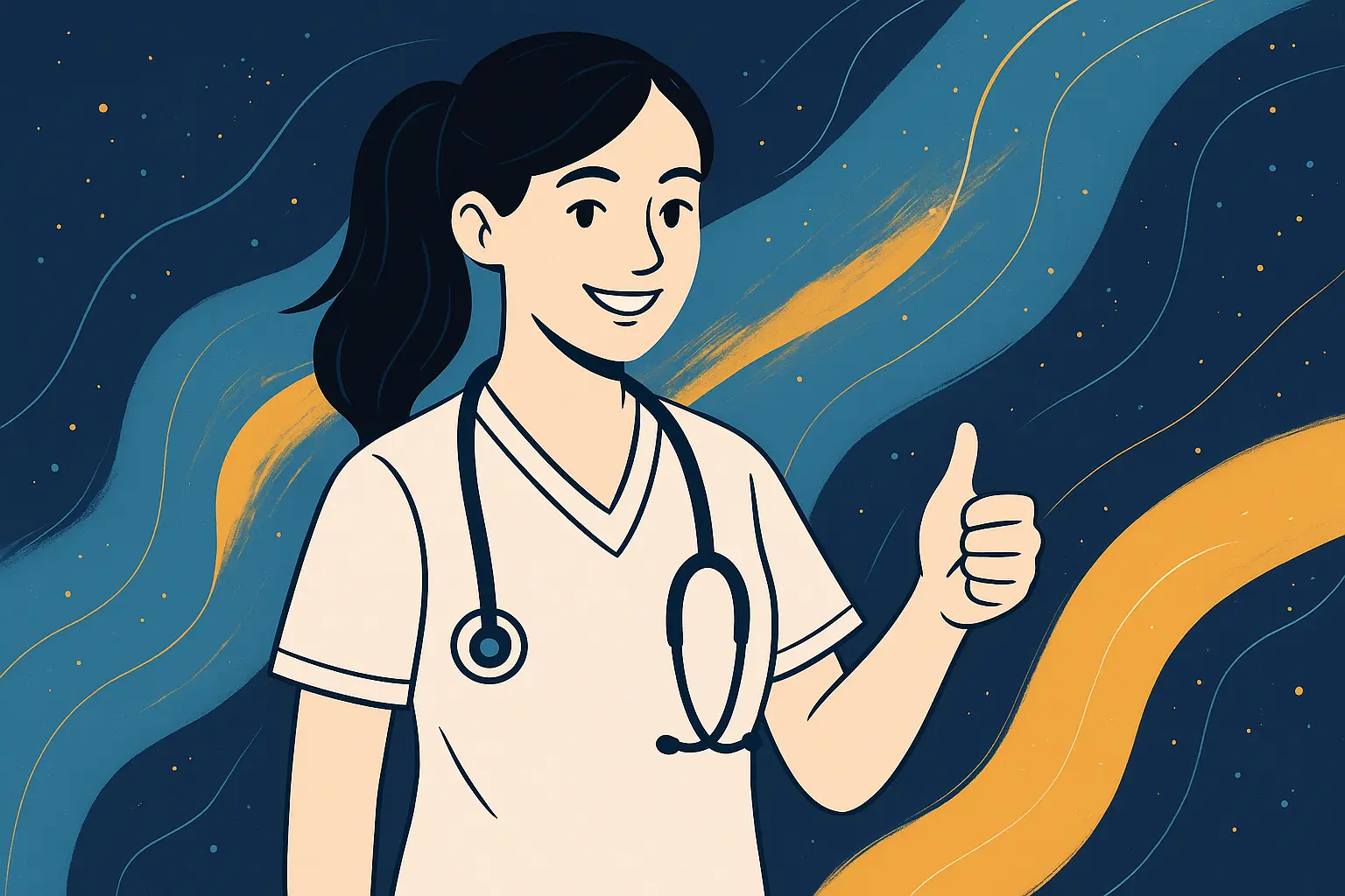 An image of a nurse holding her thumb up