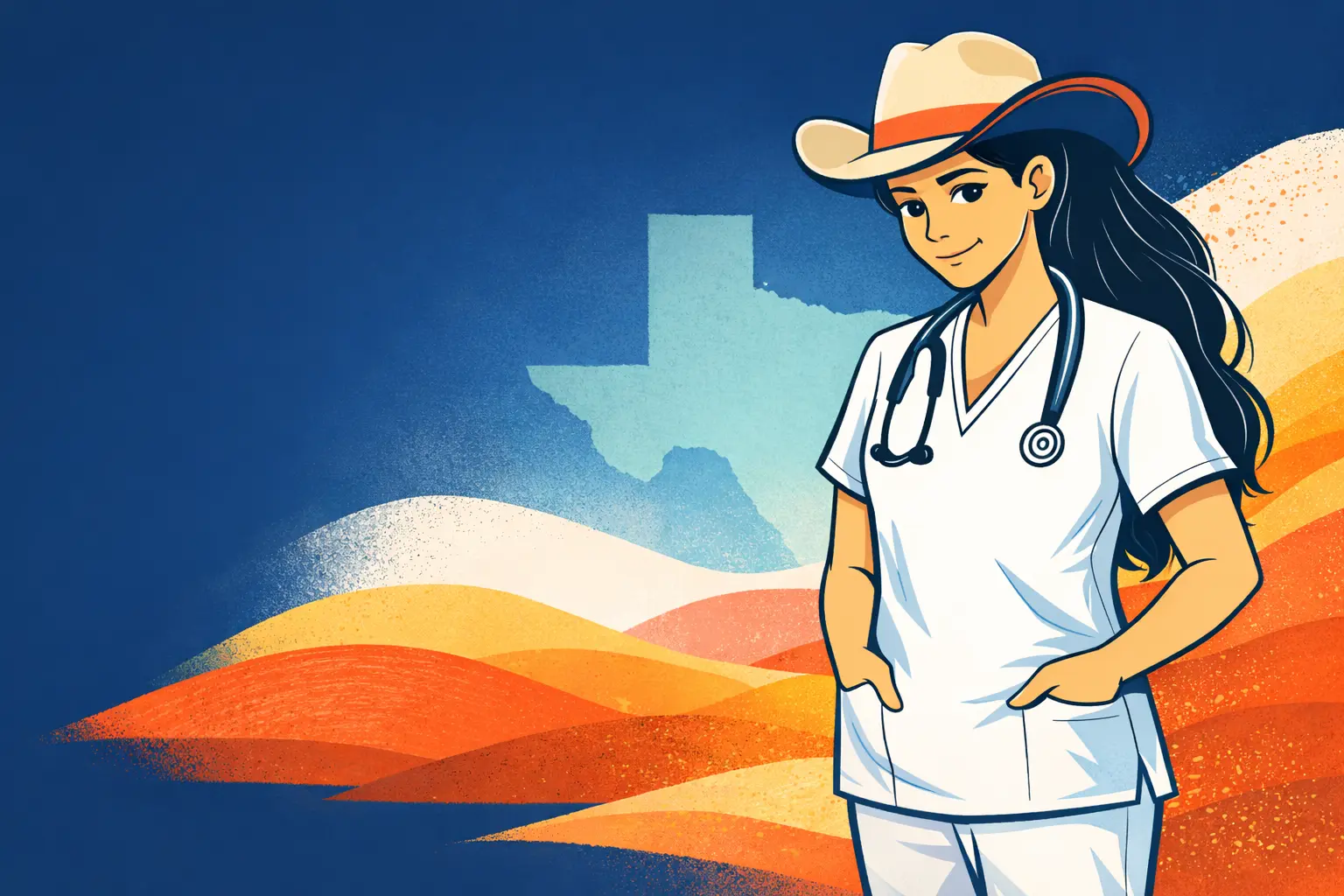 A nurse from Texas in front of a colorful background