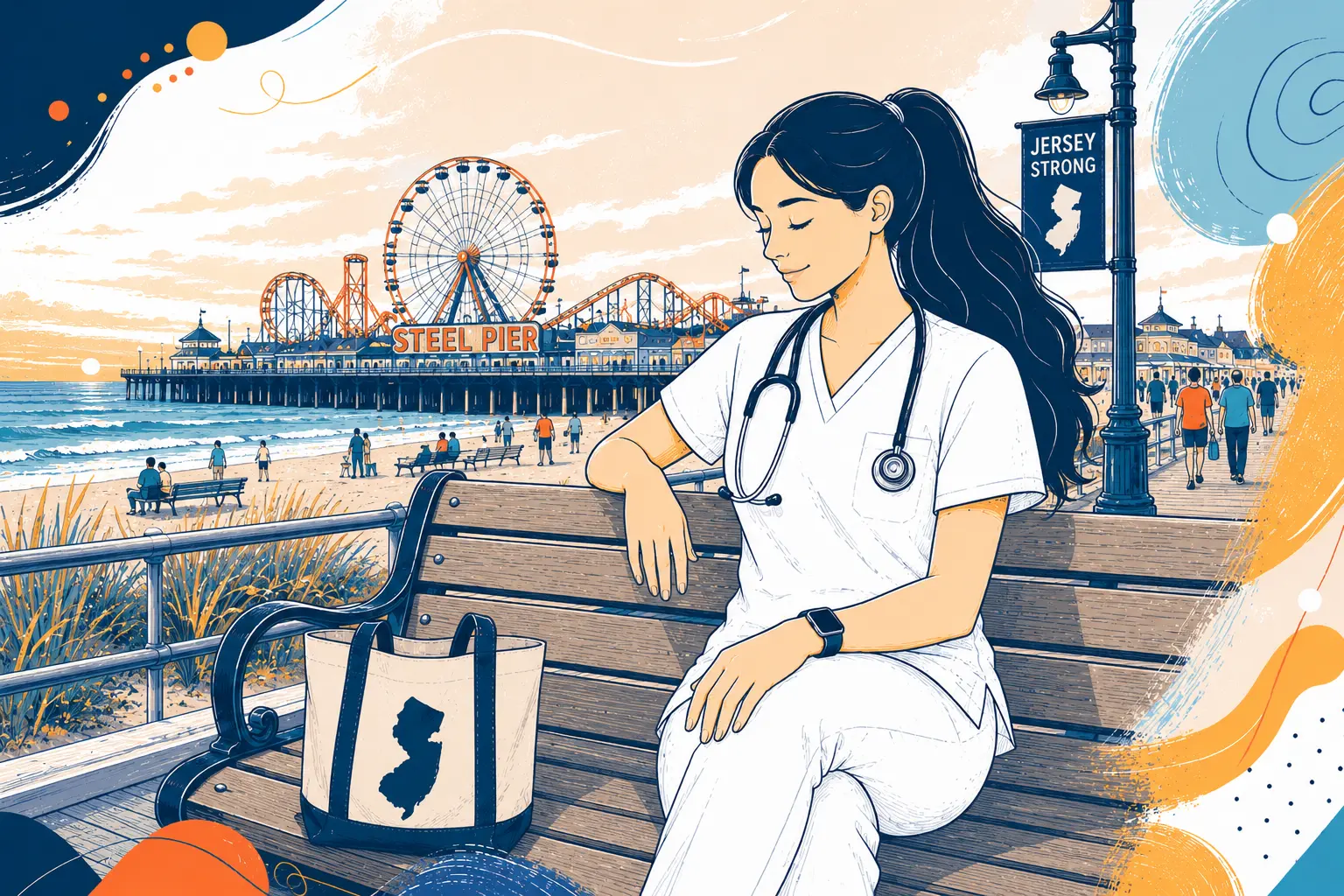 A nurse in New Jersey sitting on a bench overlooking a pier