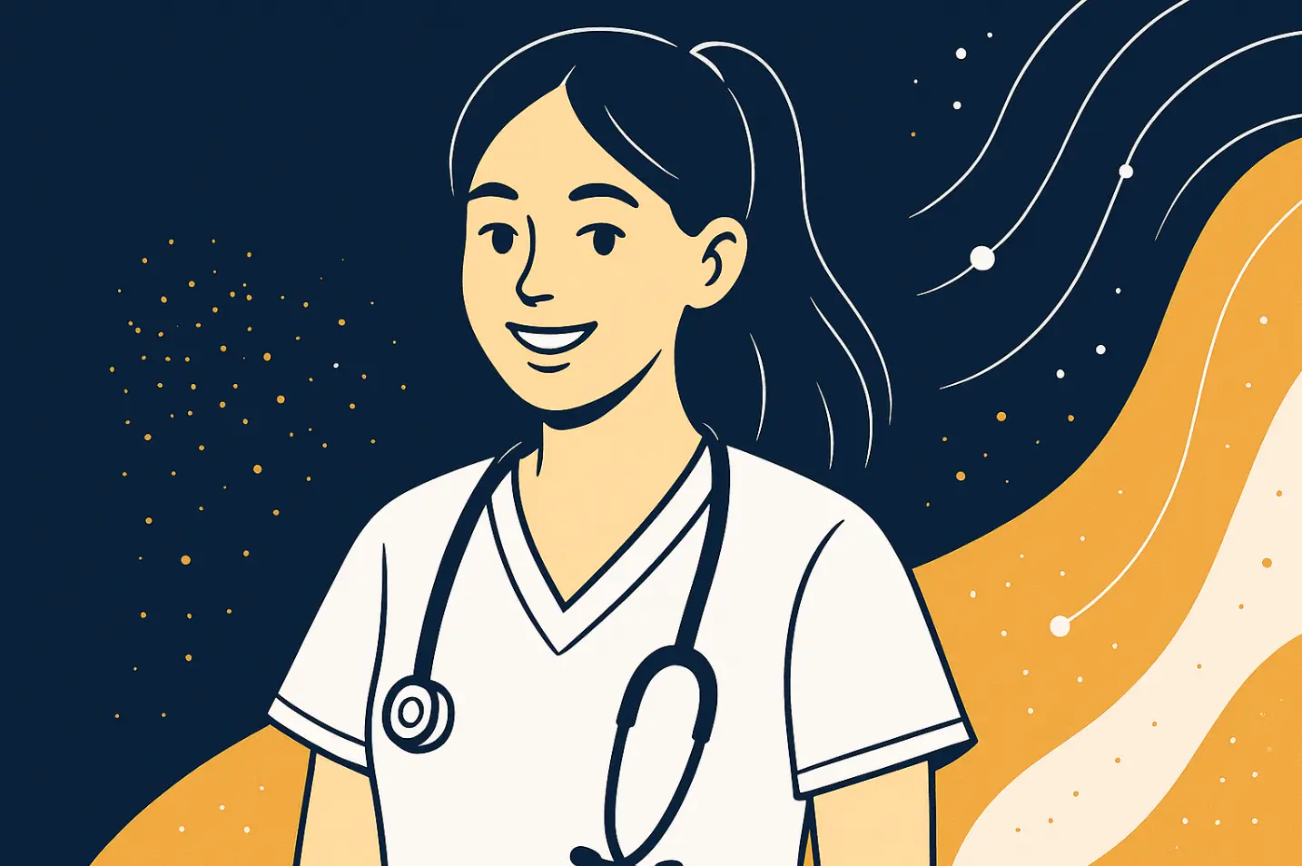 a cartoon image of a nurse with dark hair smiling with a stethoscope around her neck