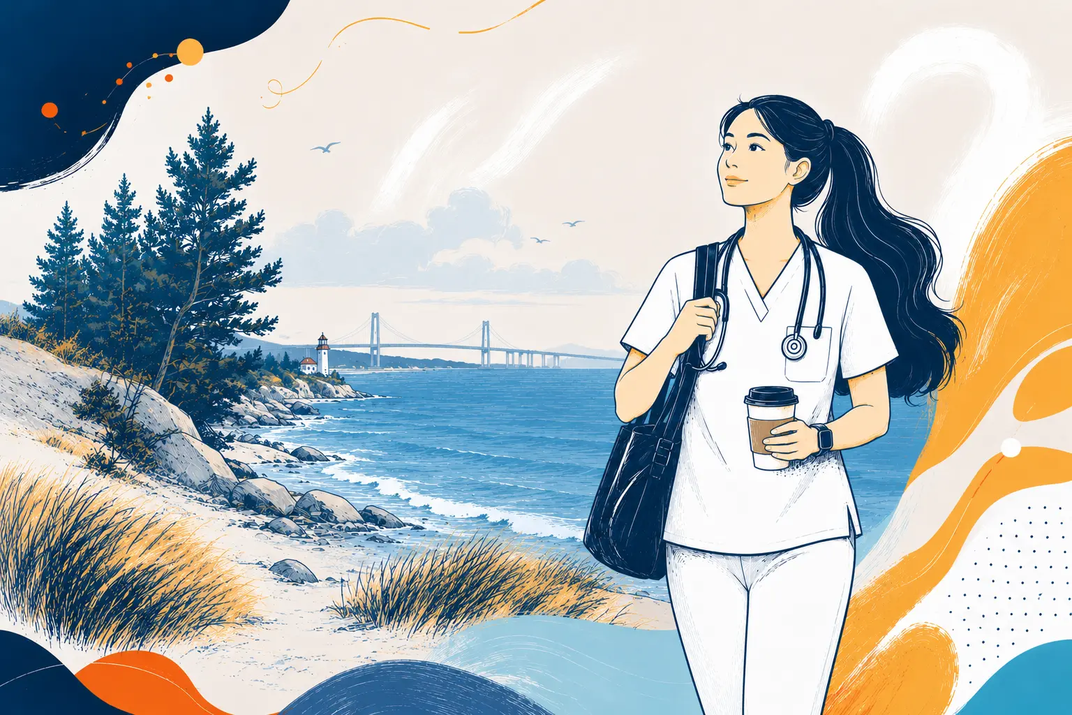 A nurse in Michigan walking along a lakeshore