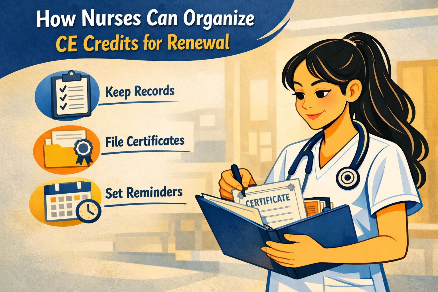 A nurse organizing her CE paperwork and certificates.