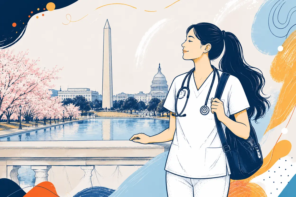 A nurse in the District of Columbia looking over the Lincoln Memorial reflecting pool