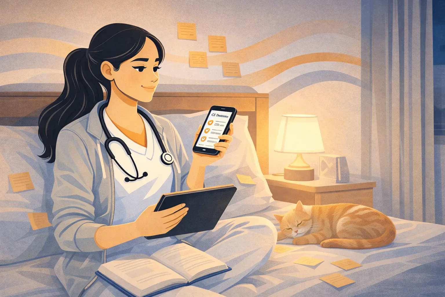 A nurse relaxing while working on nurse continuing education courses.