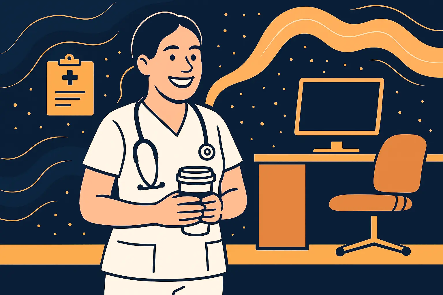 a nurse smiling and holding a coffee cup
