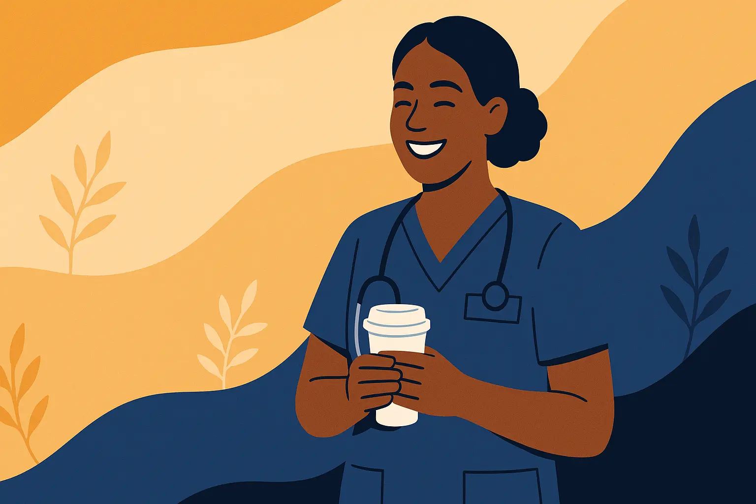 a cartoon nurse, smiling, holding a cup of coffee