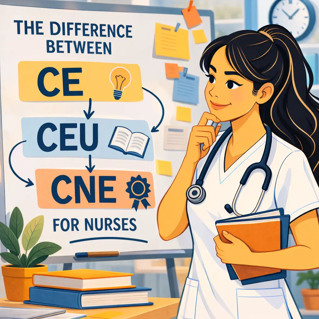 A nurse viewing the terms "CE", "CEU". and "CME" on a board