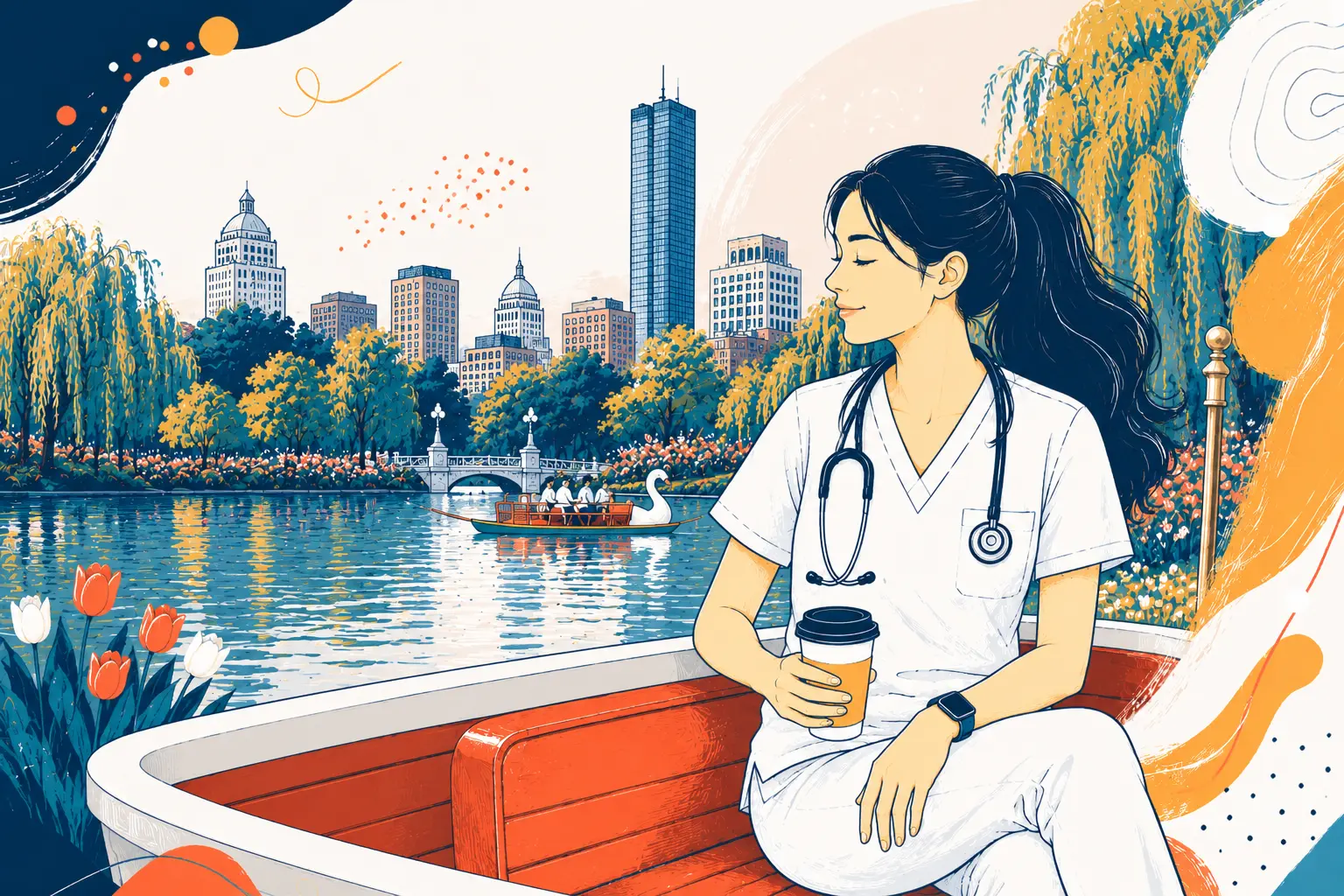 A nurse in New Hampshire riding in a boat