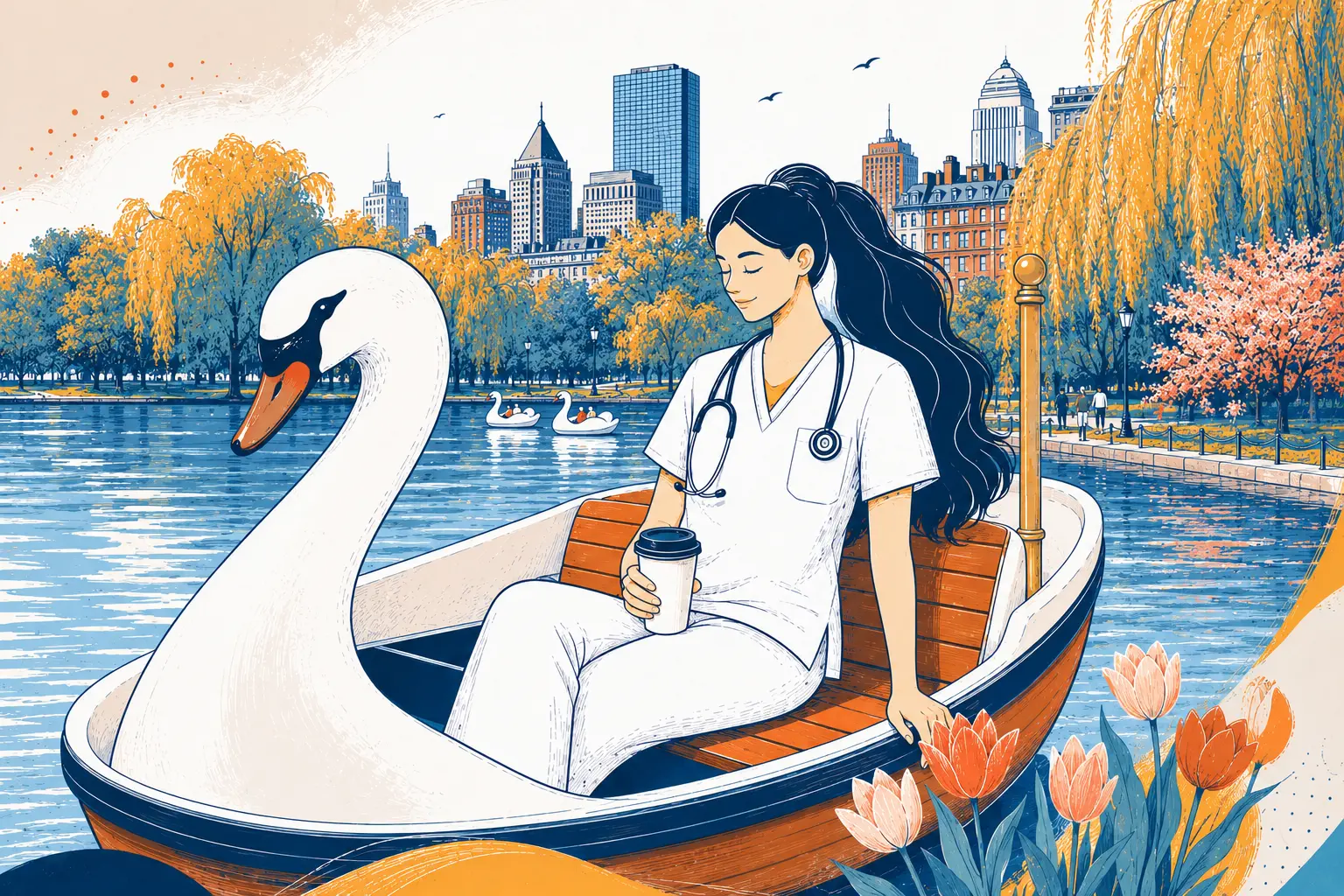 A nurse in Massachusetts riding in a swan boat
