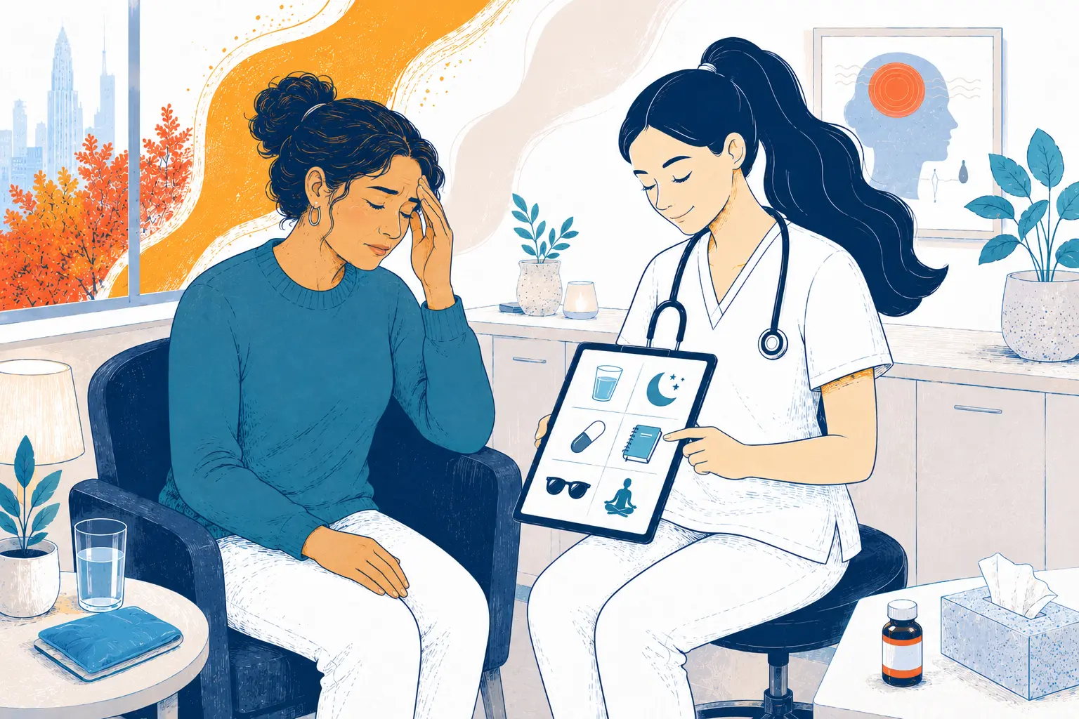 A nurse discussing migraine management with a patient