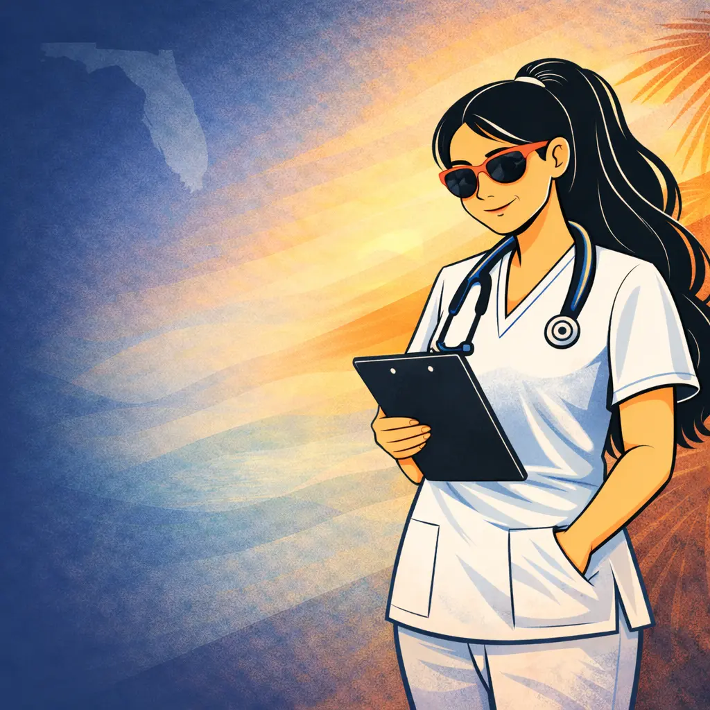 A nurse with sunglasses in Florida looking at CEUs