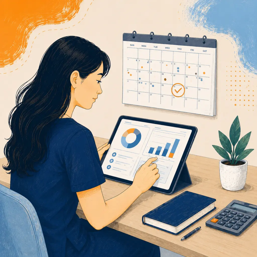 Medical professional at desk with charts and calendar