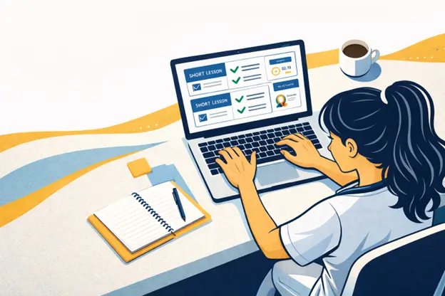 A nurse at a desk completing continuing education requirements.